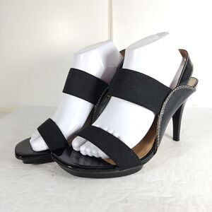 Donald.JPliner Women’s US9, 5M Black Leather Heel Stretch Strappy Sandals Shoes
